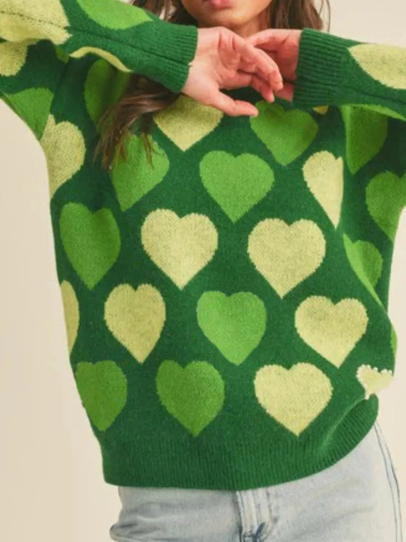 Heart Ribbed Hem Long Sleeve Sweater
