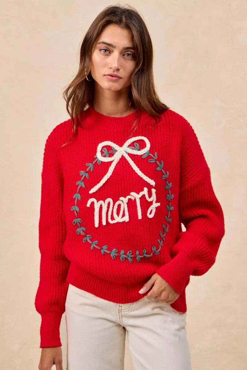 BiBi Christmas Wreath Merry Letter Knit Top