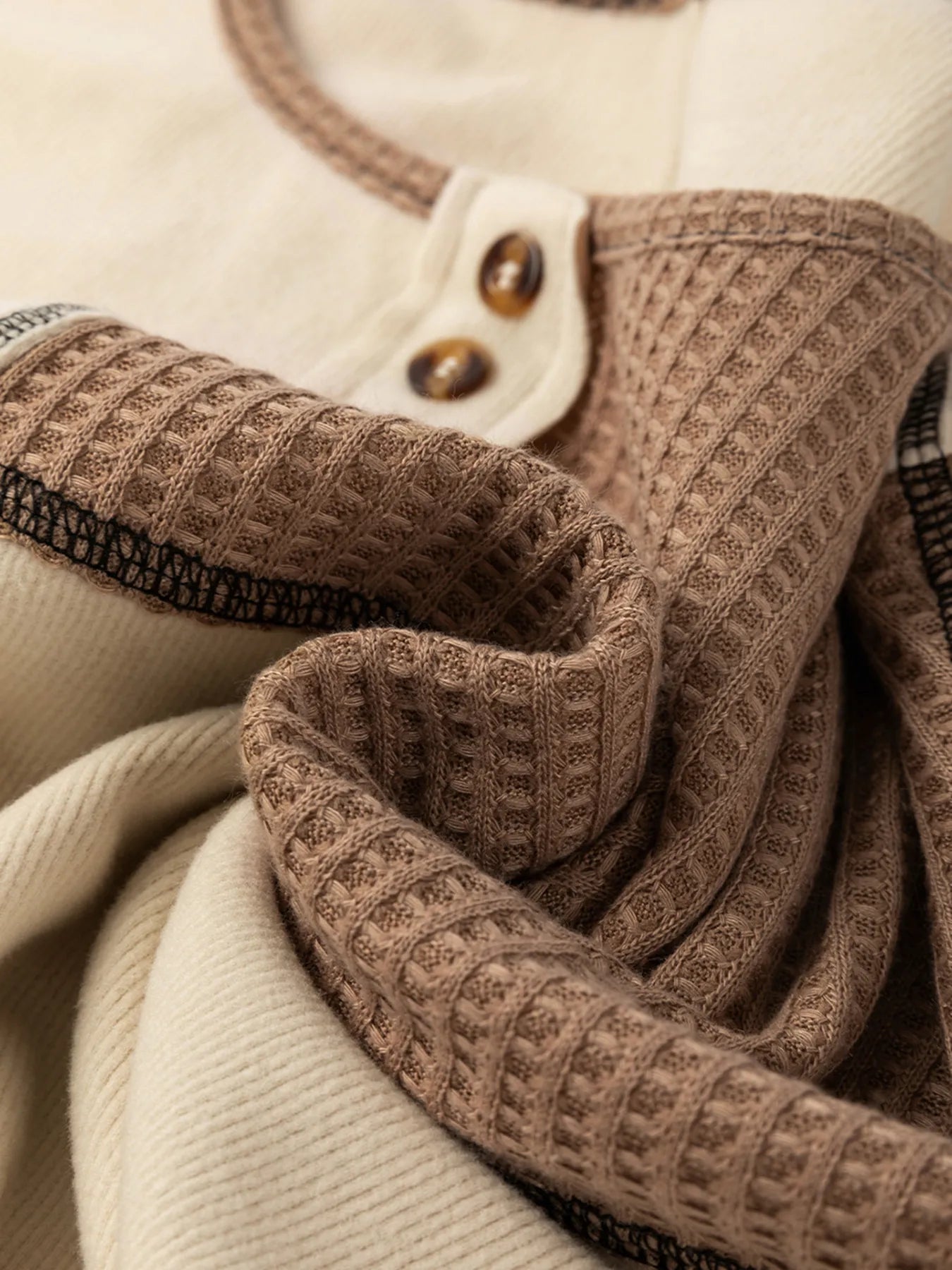 Color Block Waffle Knit Stitch Detail Long Sleeve Top