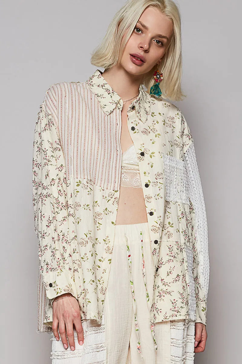 POL Lace Patchwork Floral Button-Up Shirt