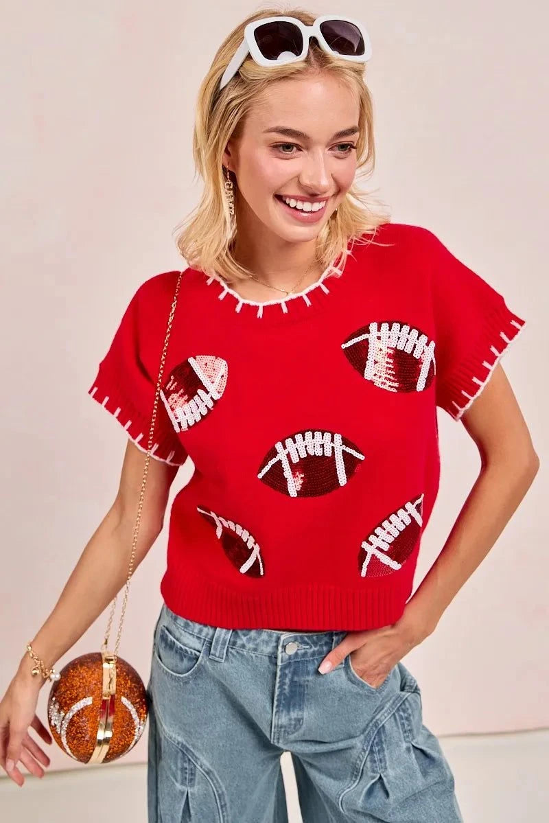 BiBi Gameday Sequin Football Embroidered Stitch Sweater
