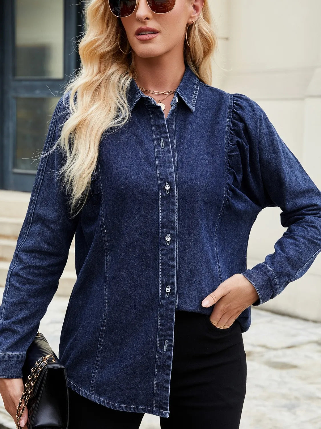 Button Down Collared Neck Denim Shirt