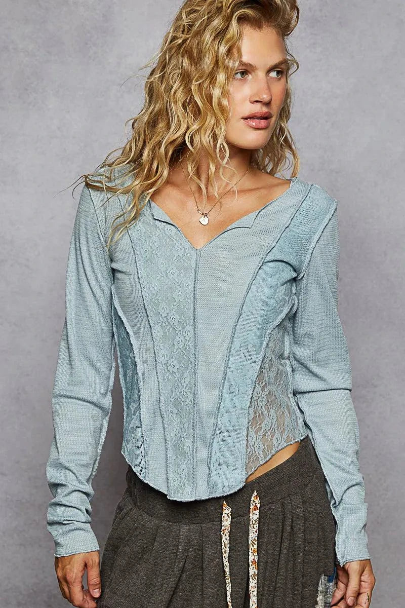 POL Lace Patchwork Long Sleeve T-Shirt