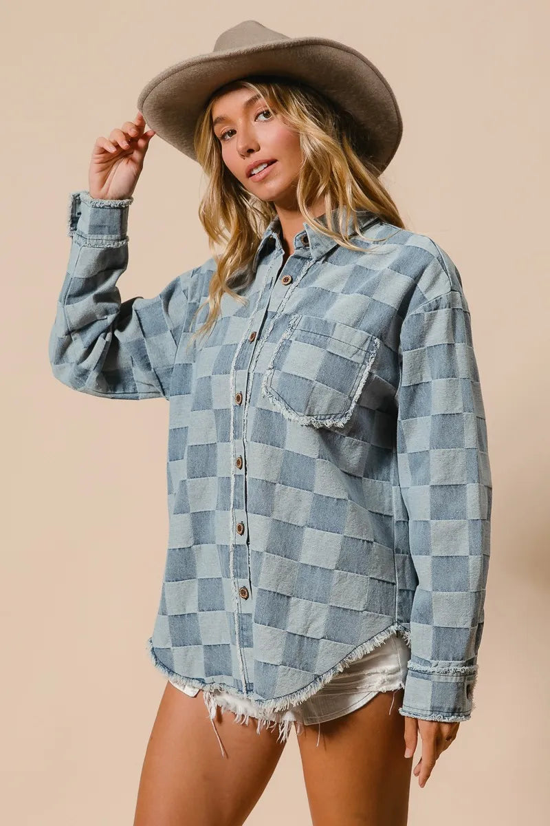 BiBi Frayed Edged Detail Washed Checker Denim Shirt