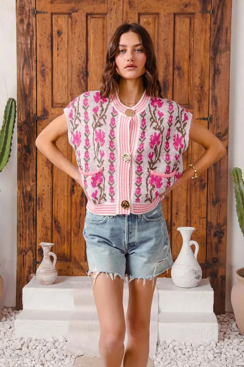 SO ME Button Front Floral and Stripe Knitted Sweater Vest