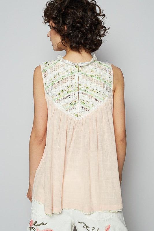POL Lace Detail Floral Sleeveless Rayon Gauze Top