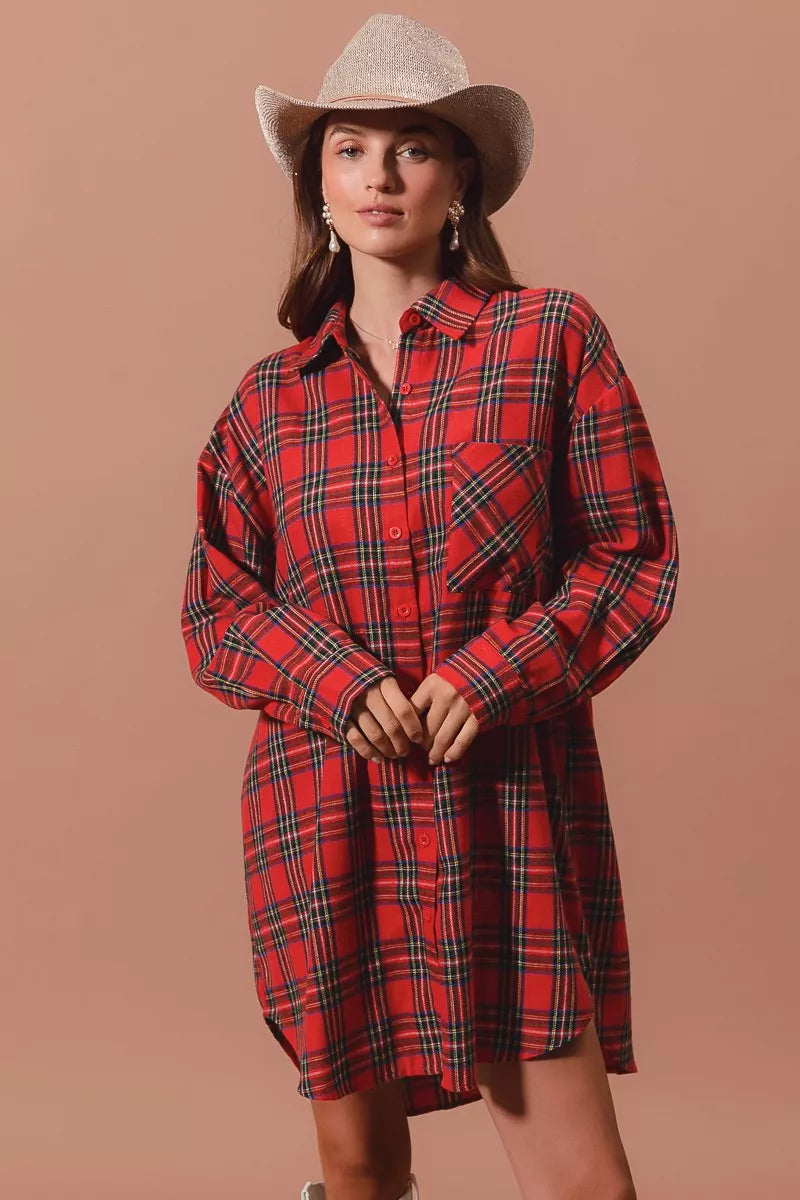 SO ME Christmas Checker Plaid Button Up Shirt Dress