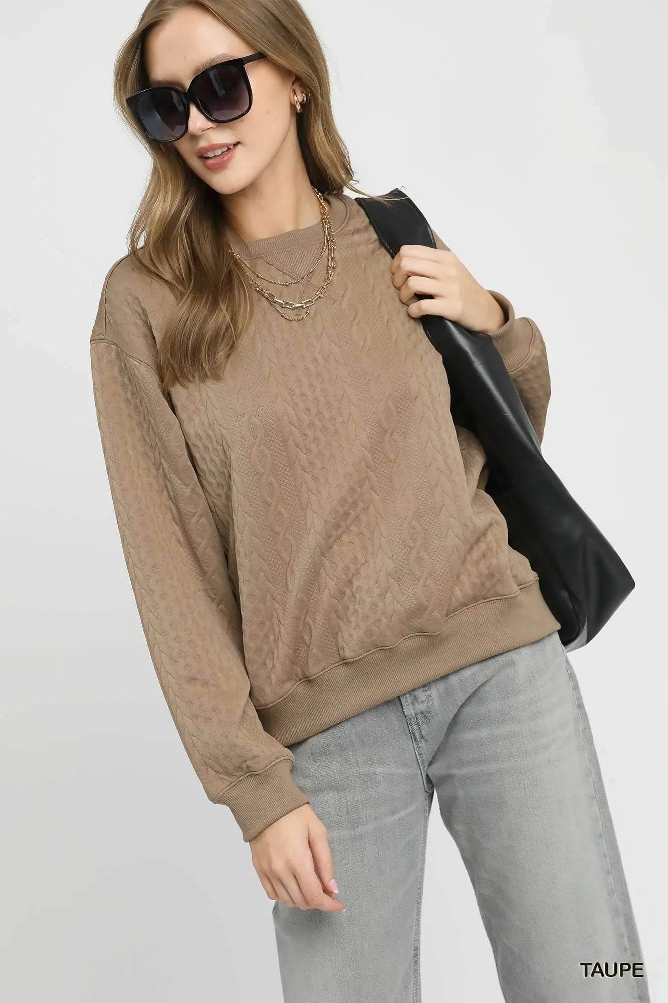 Umgee Cable Texture Pattern Sweatshirt with Ribbed Hem