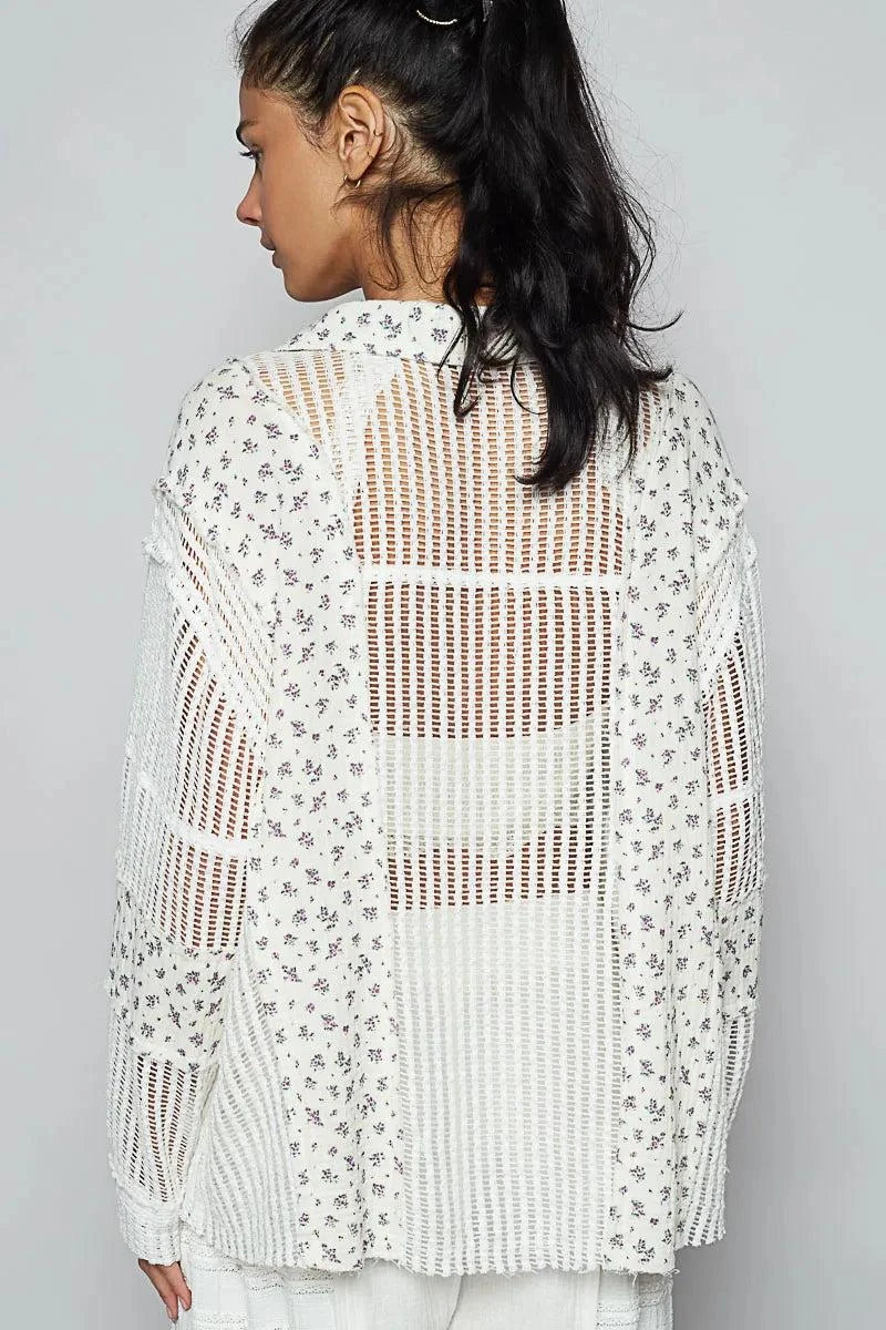 POL Floral Crochet Patchwork Long Sleeve Shirt
