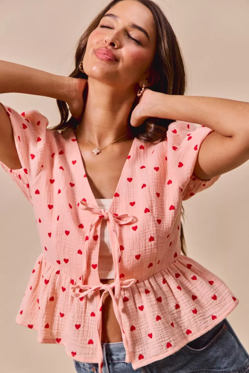 SO ME All Over Heart Ribbon Tie Baby Doll Valentine Blouse