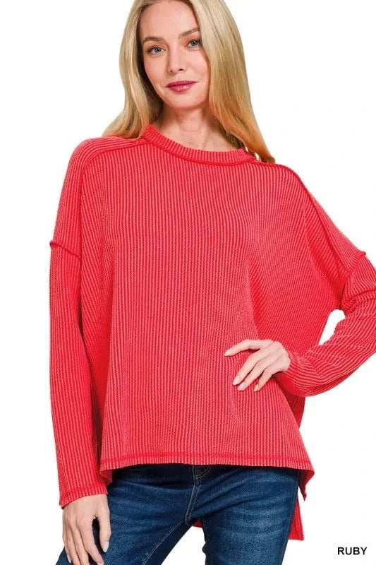 Zenana Full Size Exposed Seam Long Sleeve Corded Rib Knit Top Plus Size