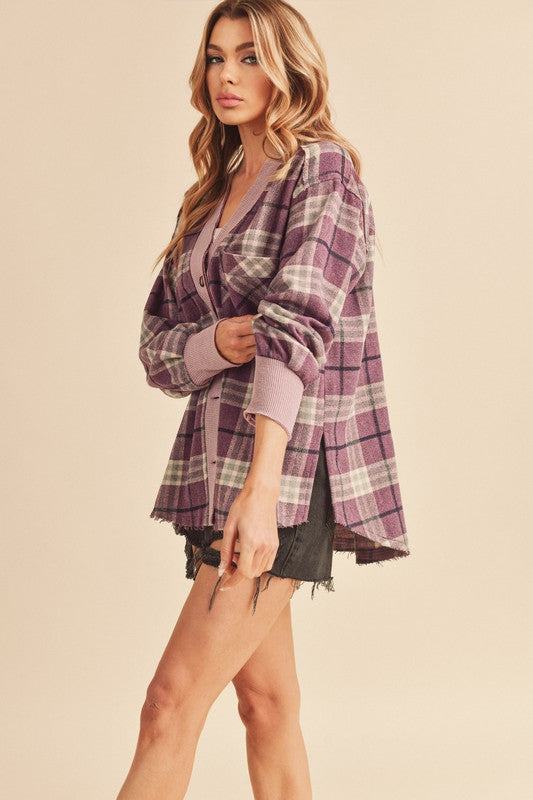 Aemi + Co Side Slit Patch Pocket Plaid Button Down Jacket