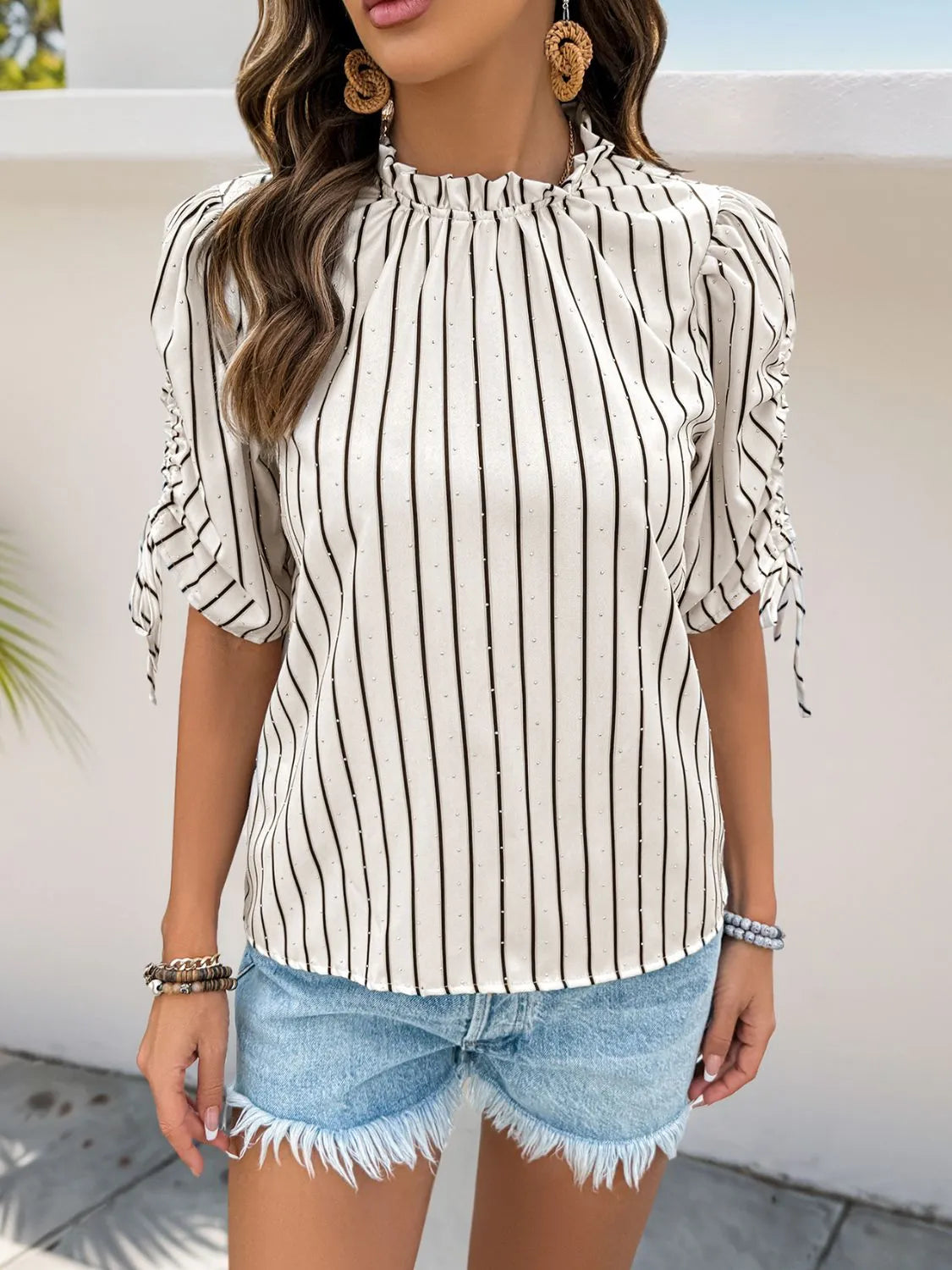 Drawstring Striped Half Sleeve Blouse