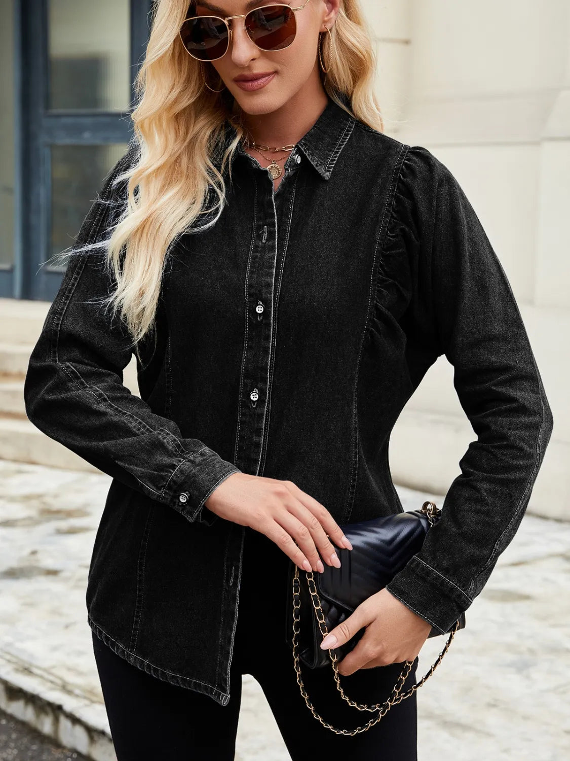 Button Down Collared Neck Denim Shirt