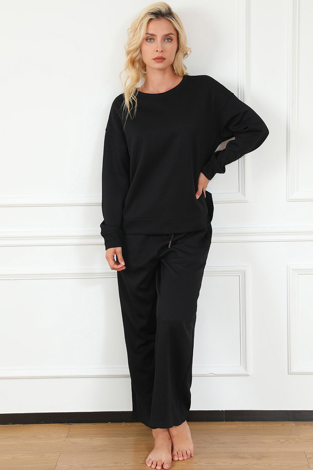 Double Take Textured Long Sleeve Top and Drawstring