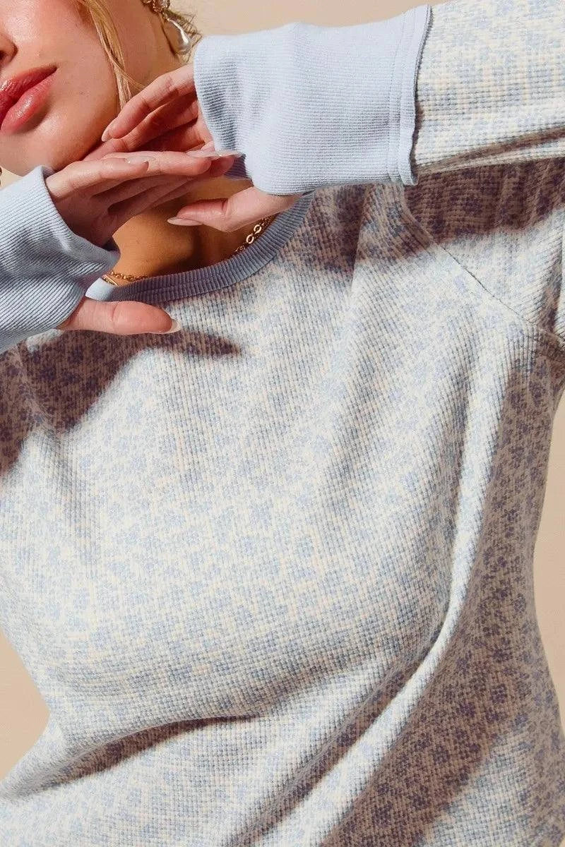 SO ME Textued Floral Knit Top with Contrast Cuffs