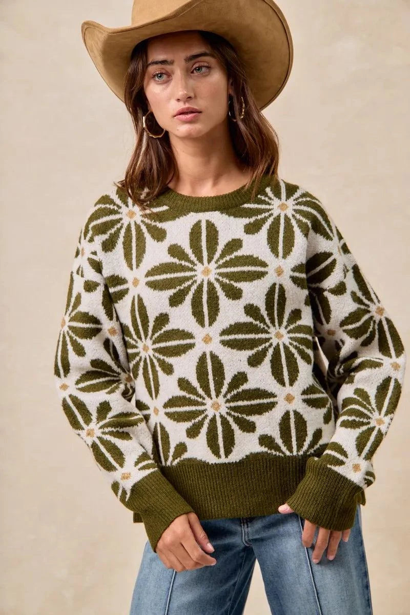 BiBi Flower Pattern Long Sleeve Sweater