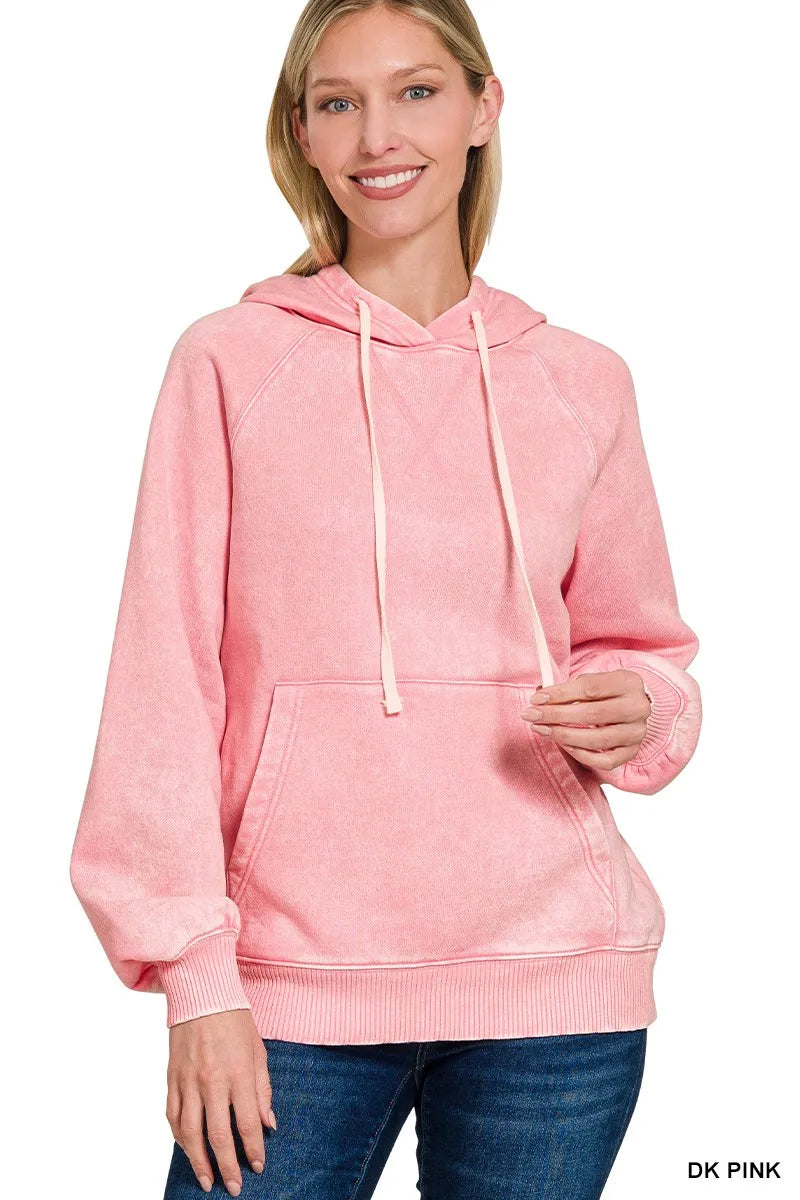 Zenana Acid Wash Fleece Hoodie with Kangaroo Pocket