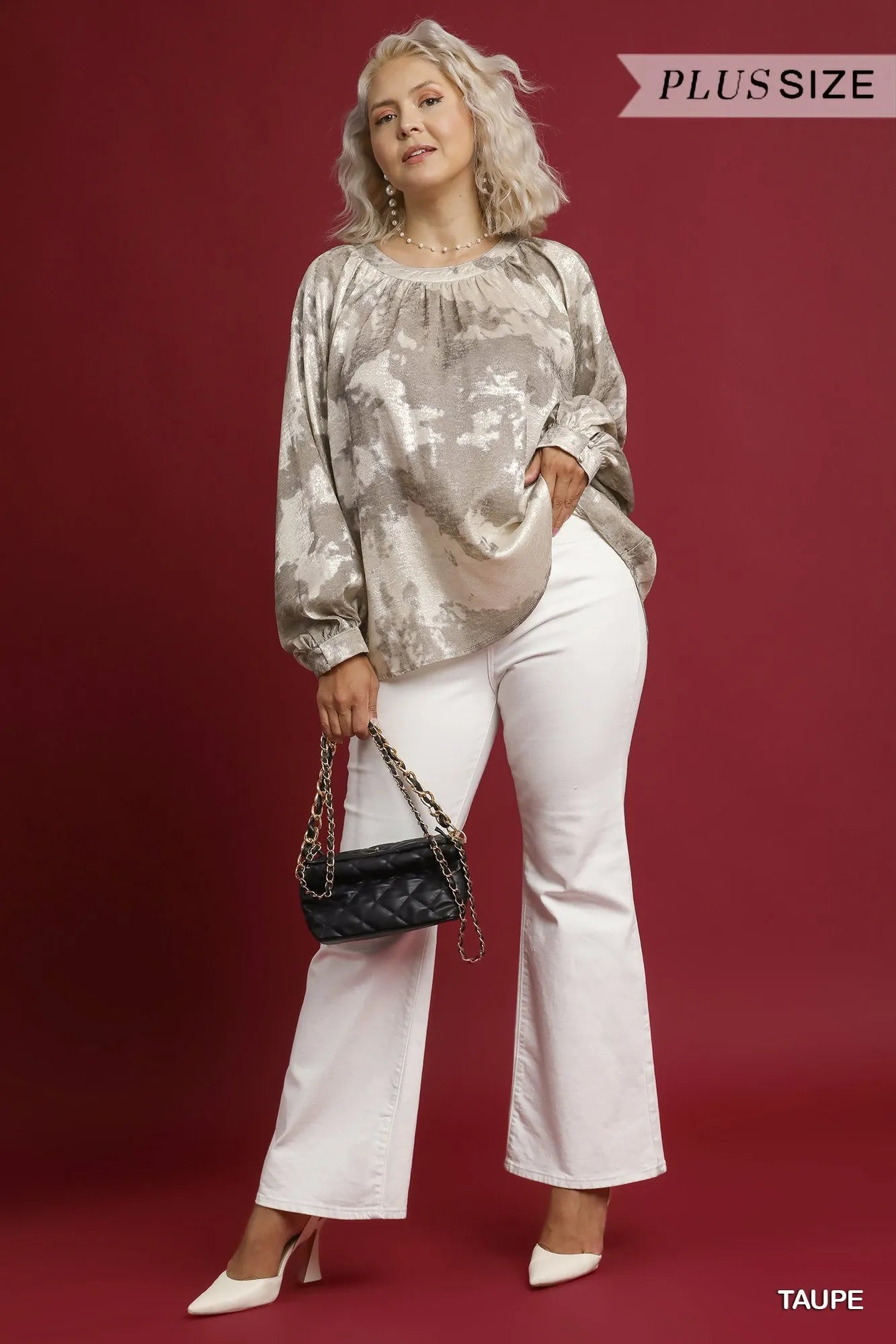 Umgee Full Size Metallic Fabric Blouse with Balloon Sleeves Plus Size