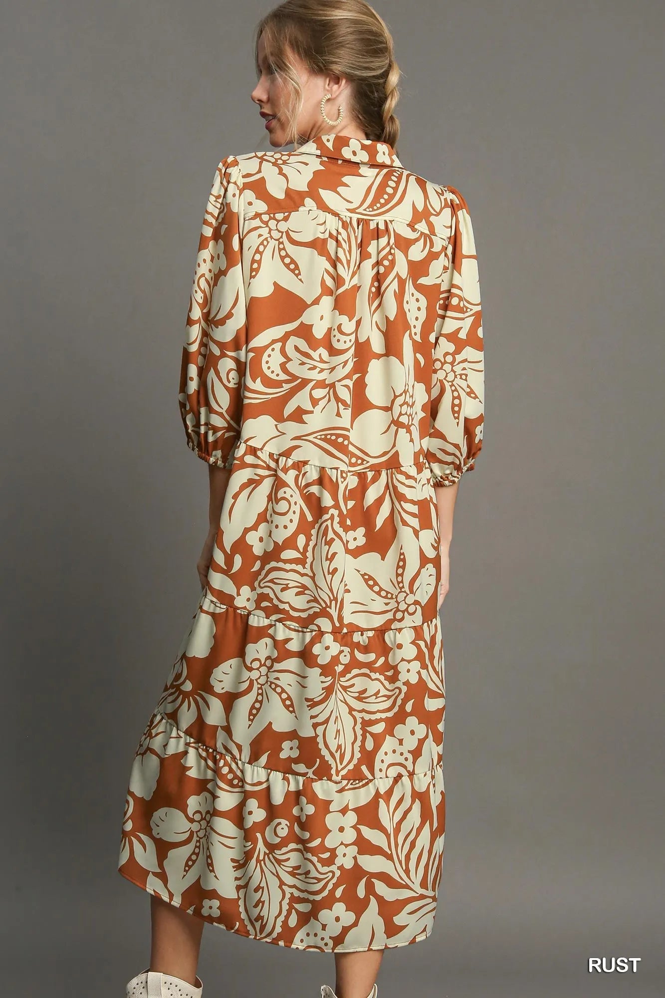 Umgee Full Size Floral Tiered Midi Shirt Dress Plus Size