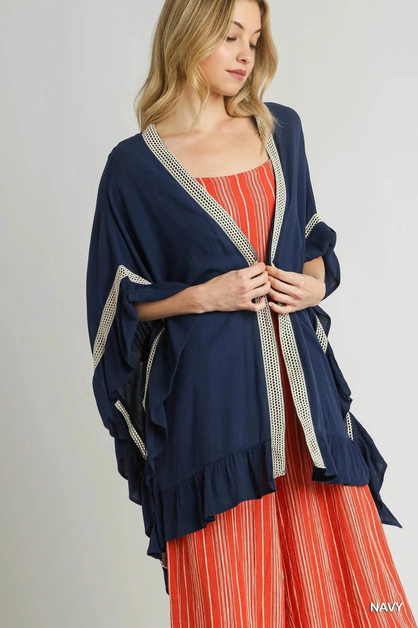 Umgee Ruffle Trim Kimono with Crochet Accent