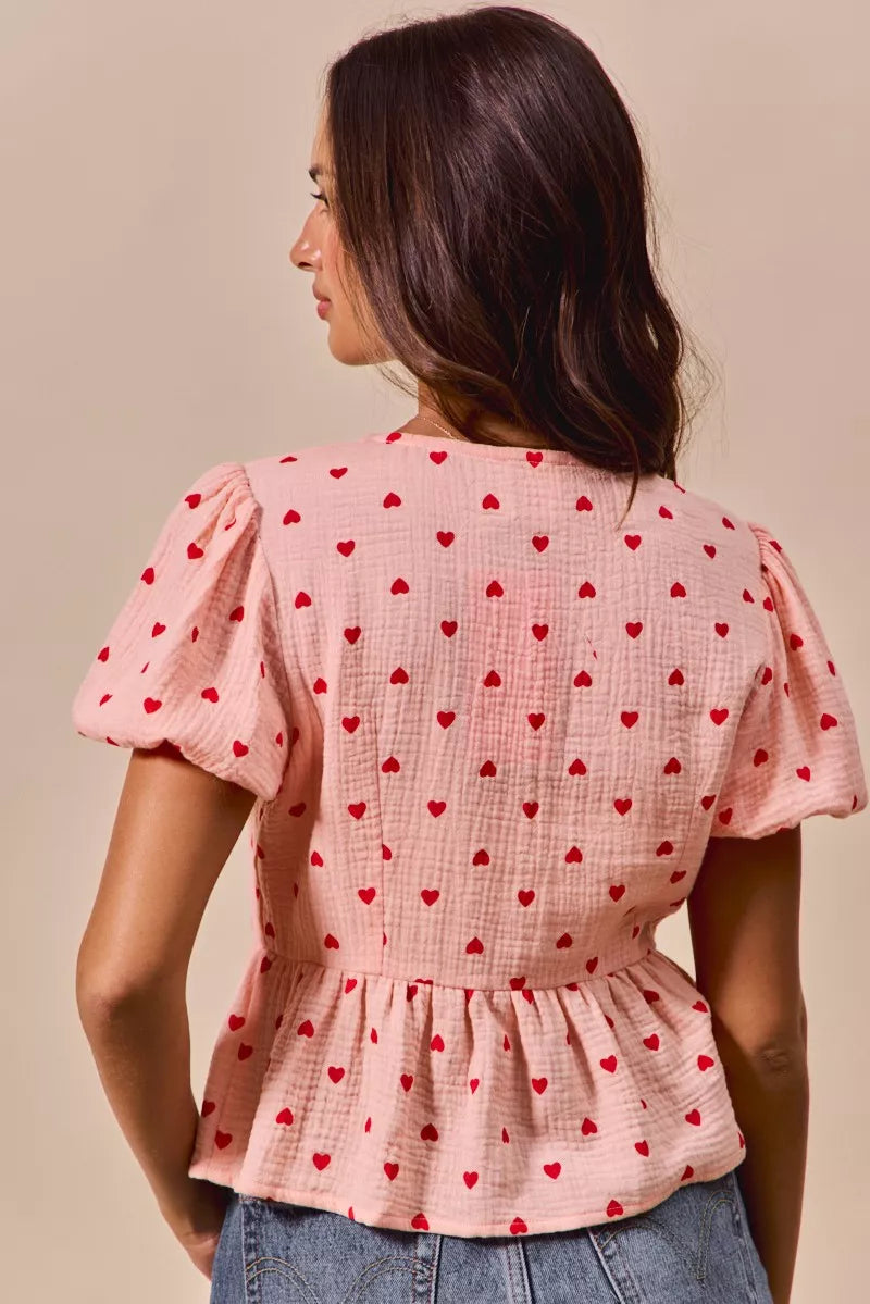 SO ME All Over Heart Ribbon Tie Baby Doll Valentine Blouse