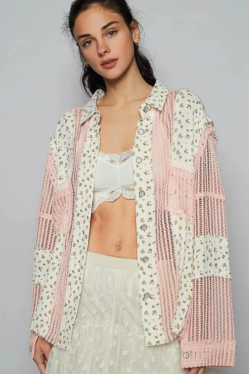 POL Floral Crochet Patchwork Long Sleeve Shirt