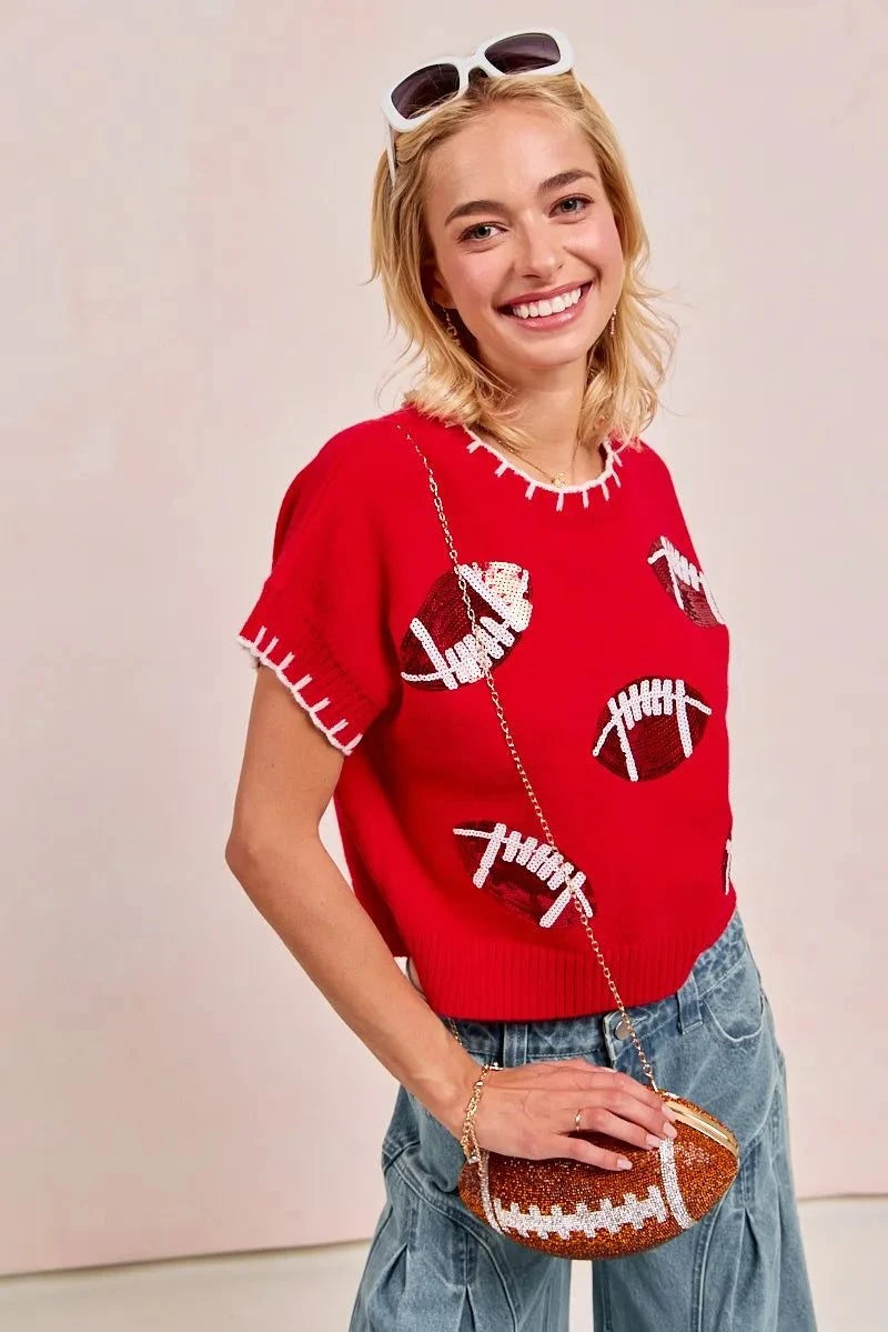 BiBi Gameday Sequin Football Embroidered Stitch Sweater