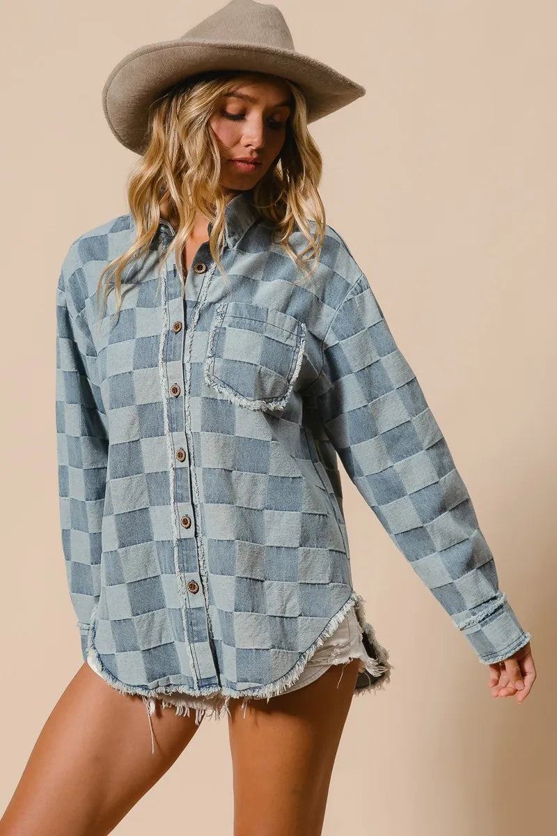 BiBi Frayed Edged Detail Washed Checker Denim Shirt