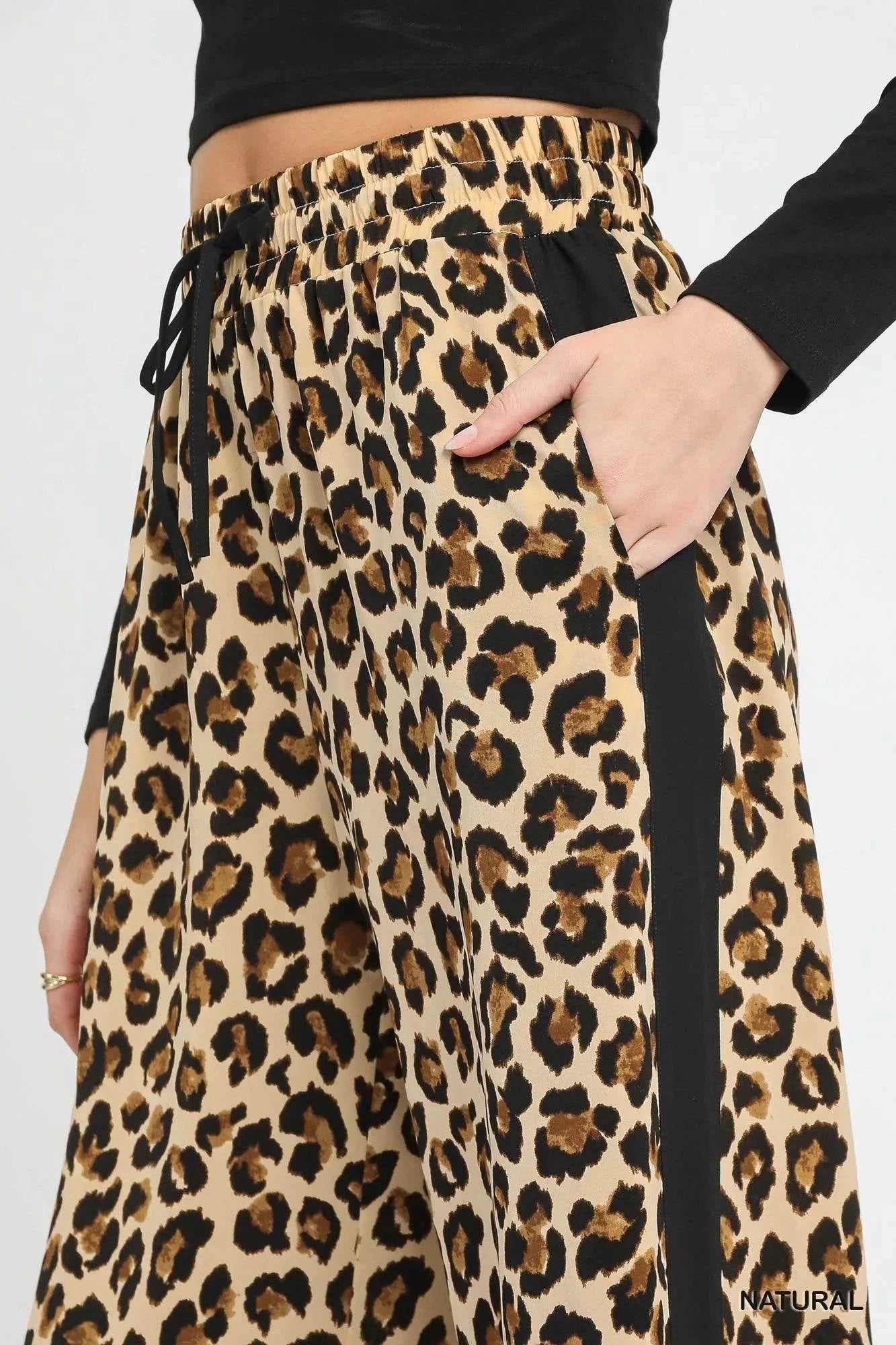 Umgee Leopard Print Wide-Leg Drawstring Pants