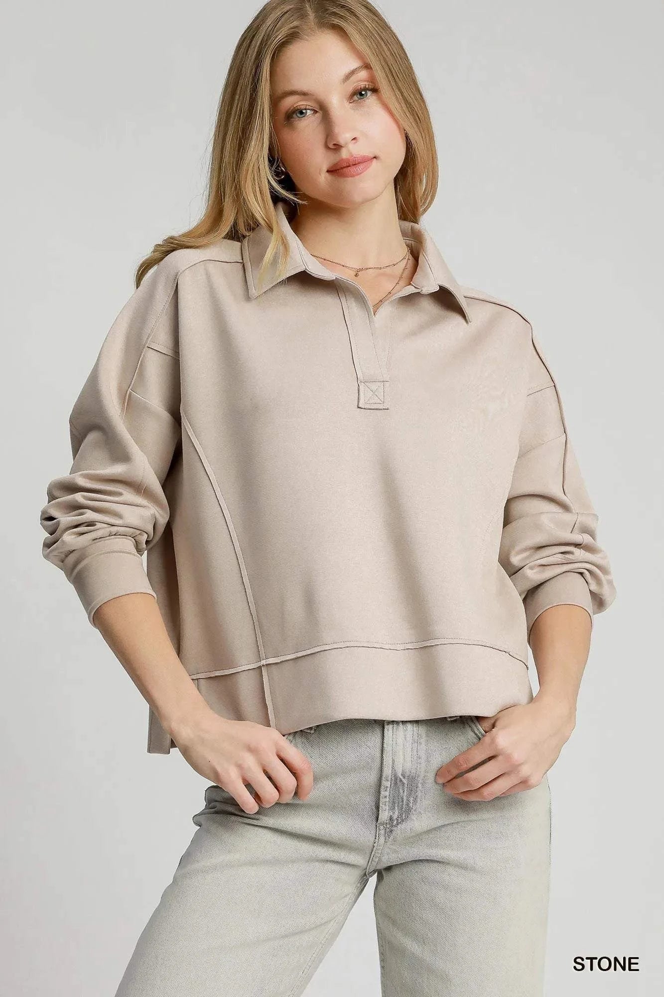 Umgee Exposed Seam Long Sleeve Polo Top with Side Slit