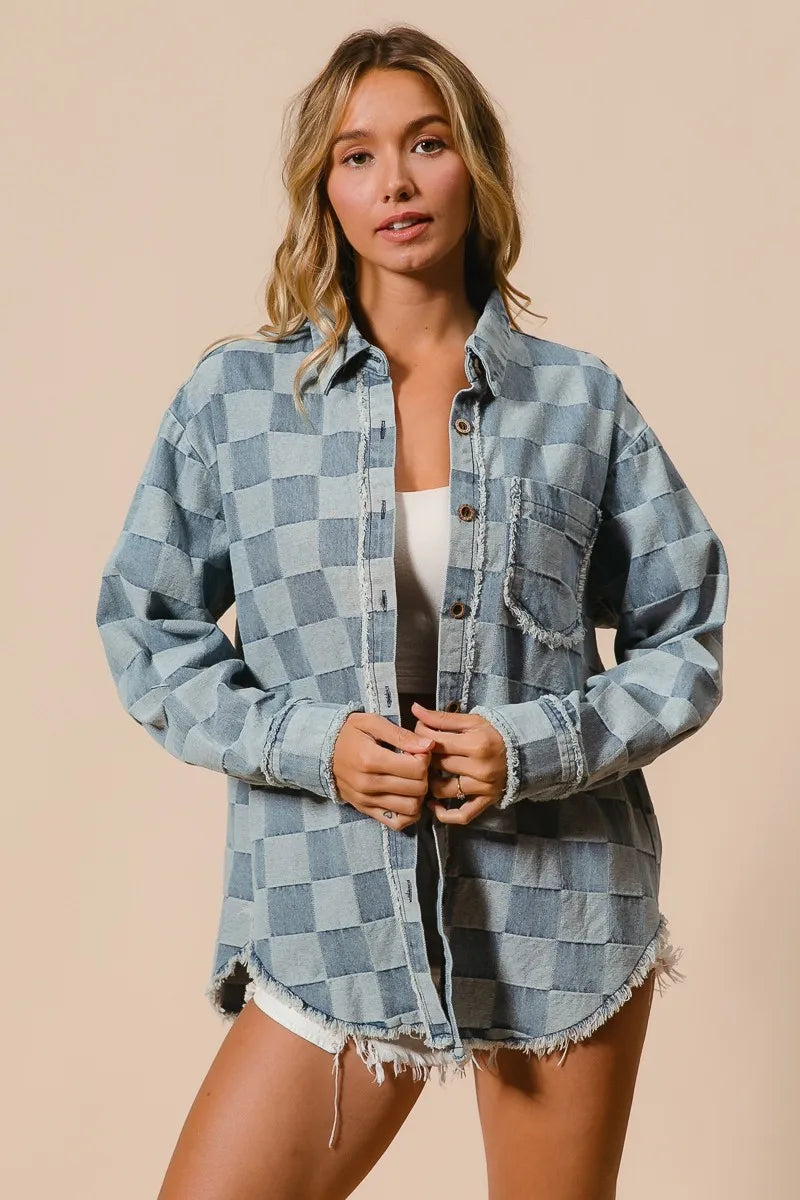 BiBi Frayed Edged Detail Washed Checker Denim Shirt