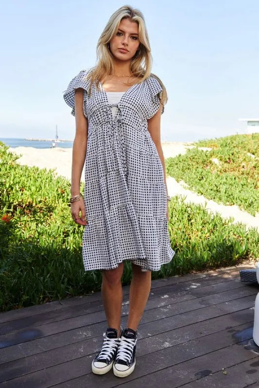 Davi & Dani Jacquard V-Neck Flutter Cap Sleeve Tiered Dress