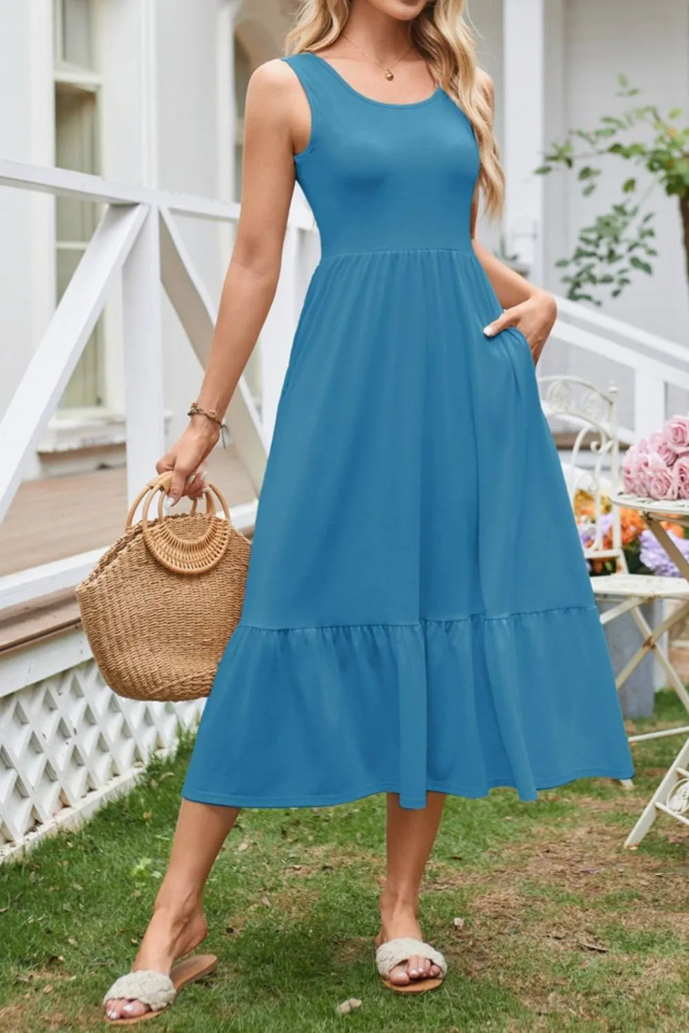 Round Neck Wide Strap Tank Dress