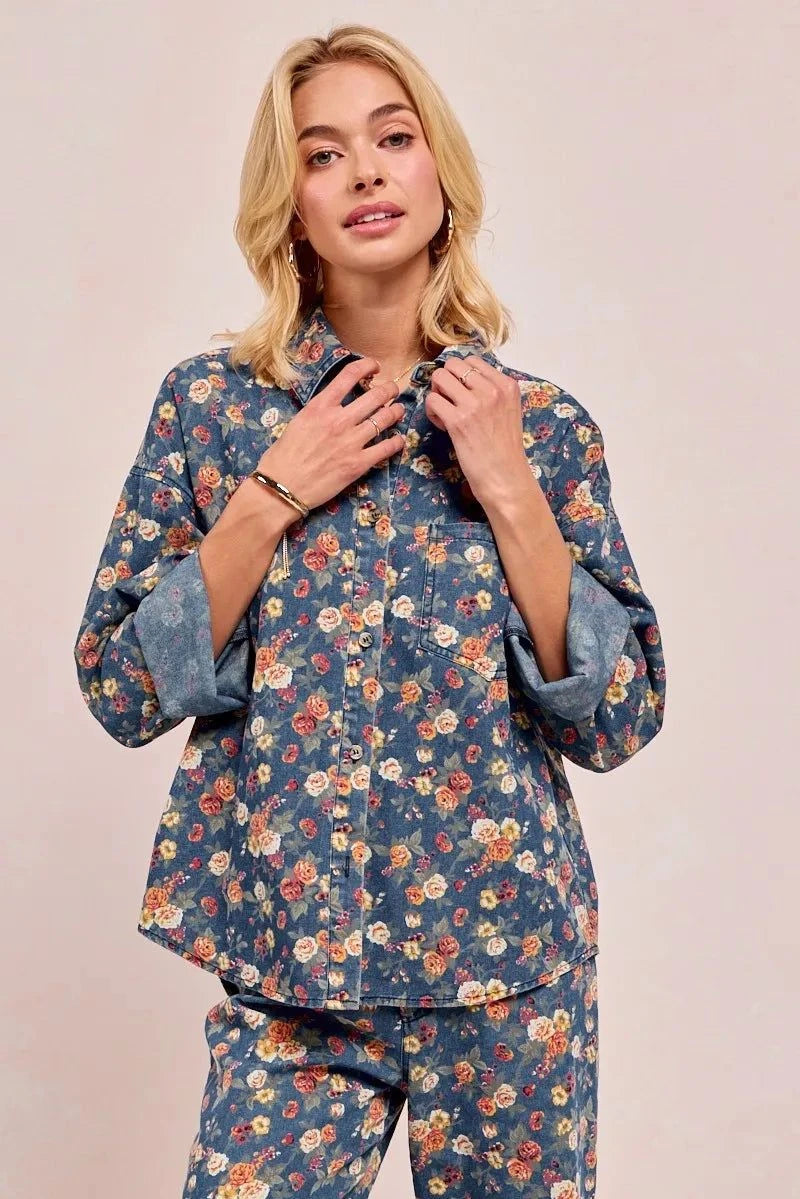 BiBi Washed Floral Print Denim Jacket
