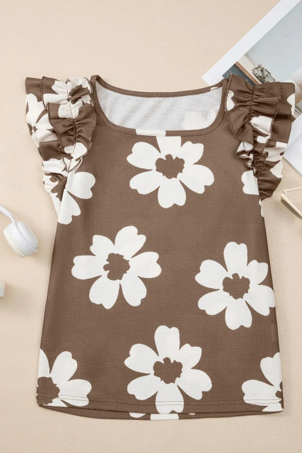 Floral Textured Ruffled Cap Sleeve Blouse