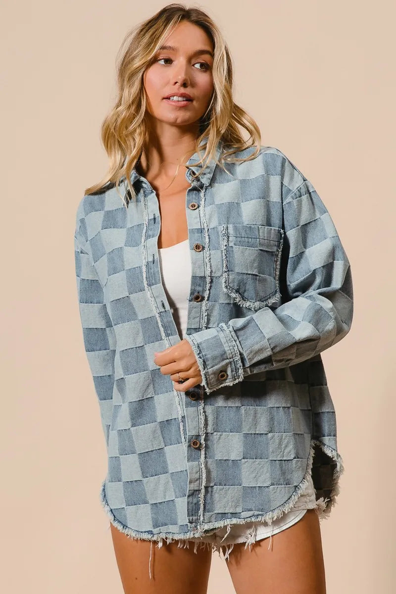 BiBi Frayed Edged Detail Washed Checker Denim Shirt
