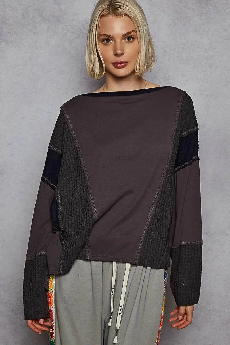 POL Contrast Round Neck Long Sleeve T-Shirt