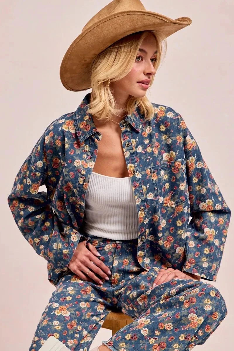 BiBi Washed Floral Print Denim Jacket