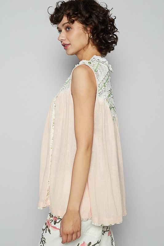 POL Lace Detail Floral Sleeveless Rayon Gauze Top