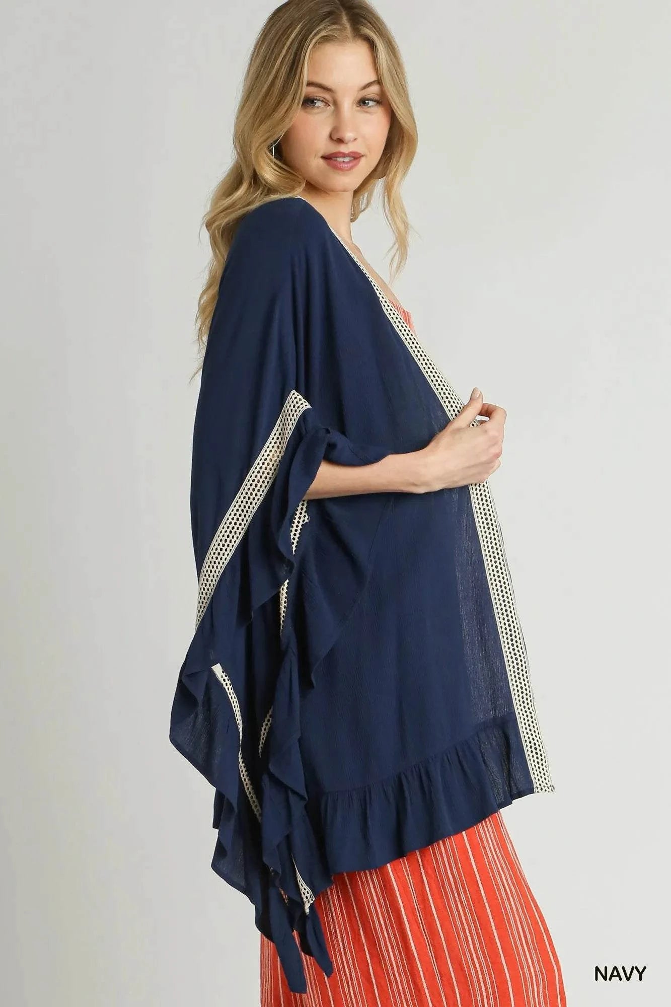 Umgee Ruffle Trim Kimono with Crochet Accent
