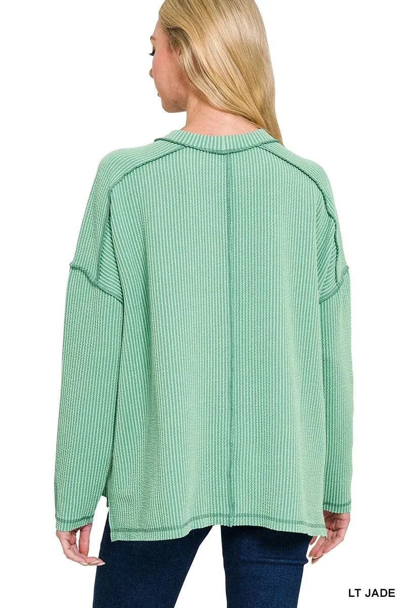 Zenana Exposed Seam Long Sleeve Corded Rib Knit Top