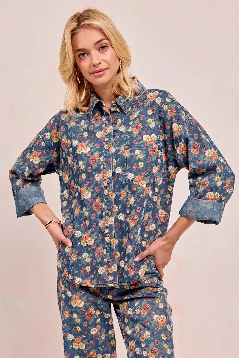 BiBi Washed Floral Print Denim Jacket