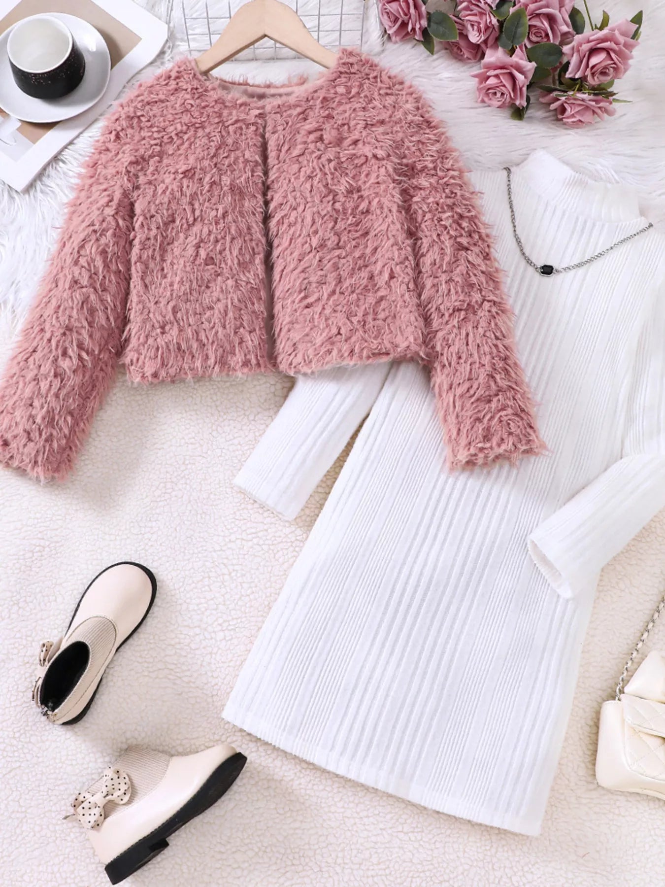Children's Faux Fur Jacket & Ribbed Dress Set