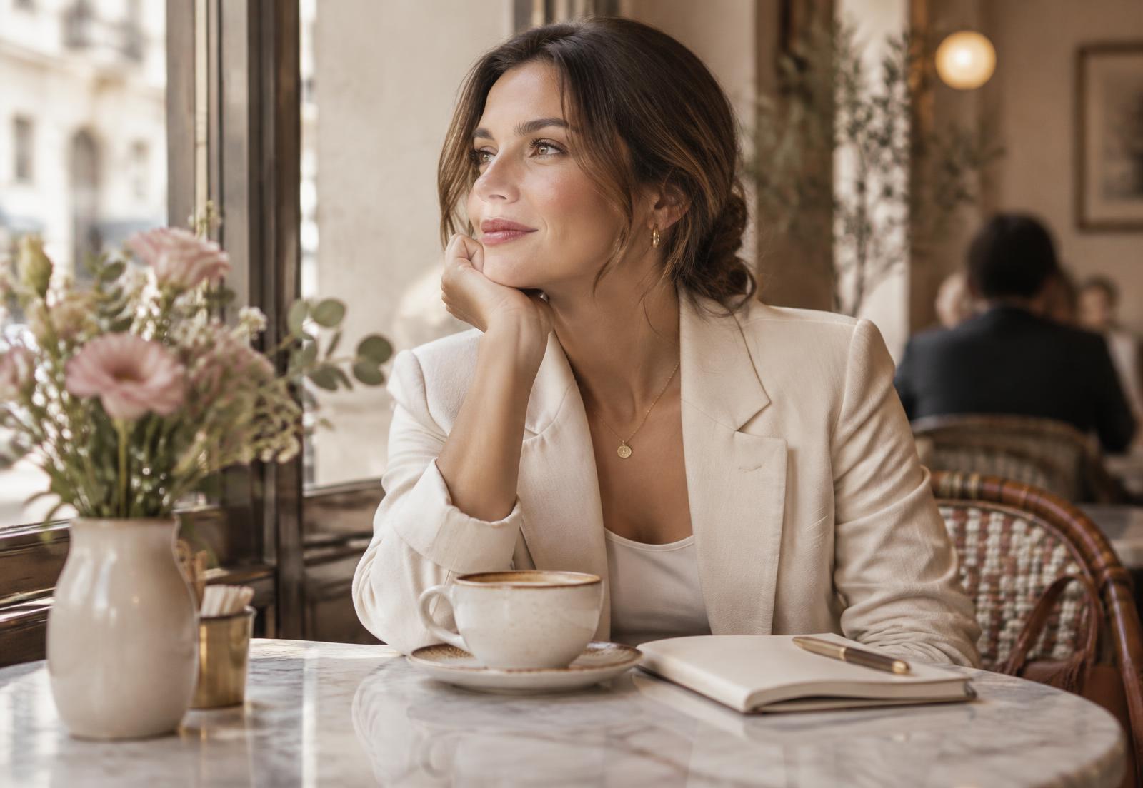A woman sitting at a café table by a window, thinking