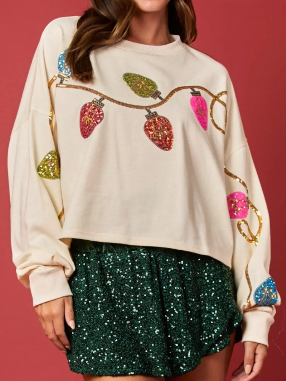 Christmas Holiday Lights Sequin Embellished Sweatshirt
