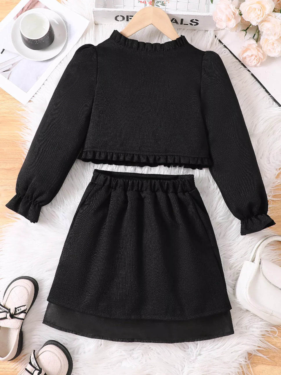 Children's Ruffle Trim Top and Skirt Two-Piece Outfit Set