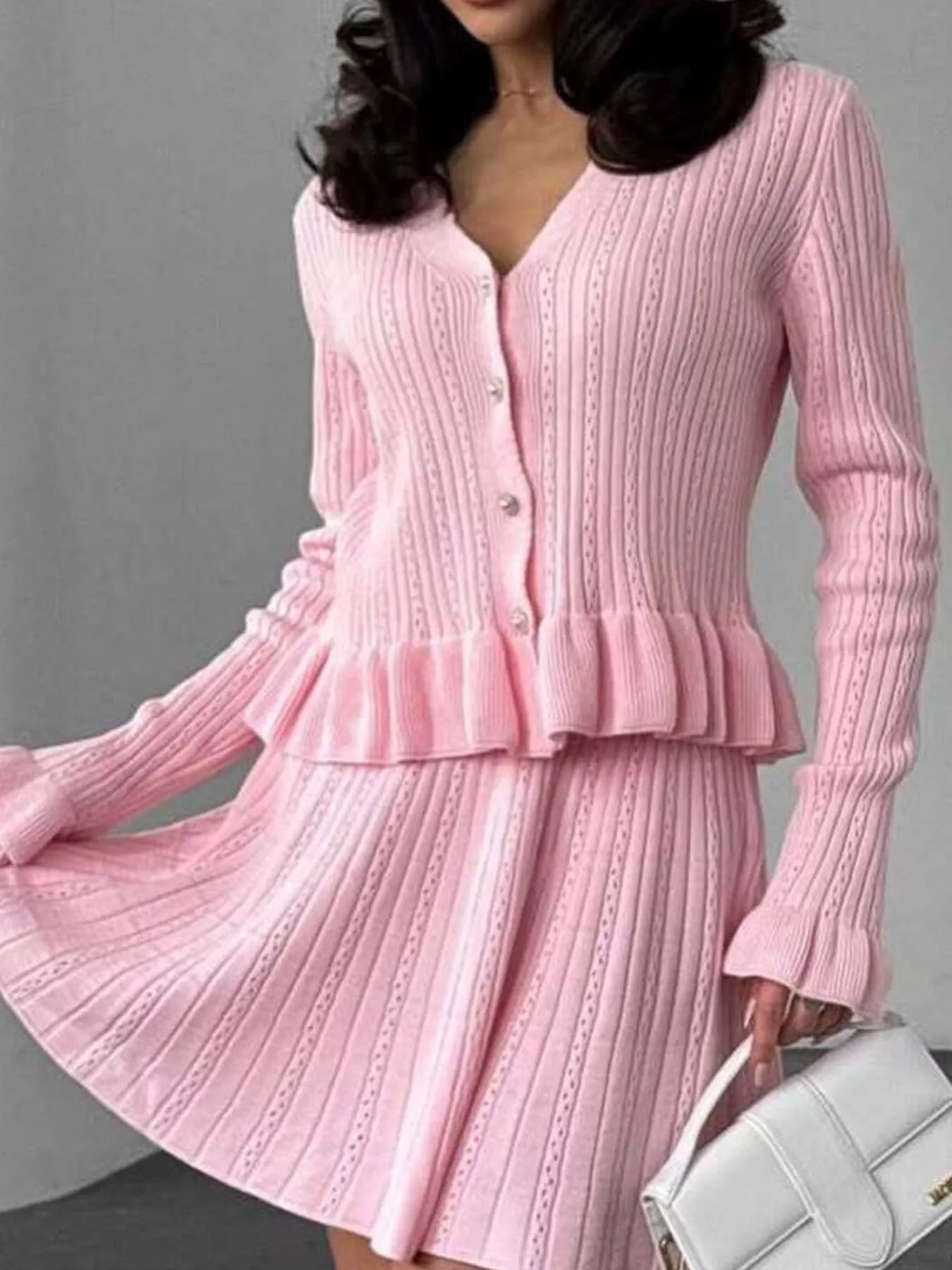 Ruffle Trim Knit Cardigan & Skirt Set