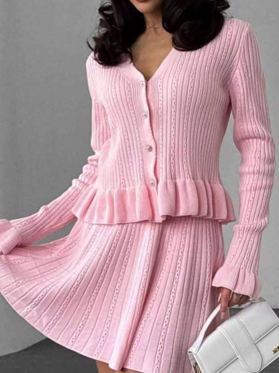 Ruffle Trim Knit Cardigan & Skirt Set