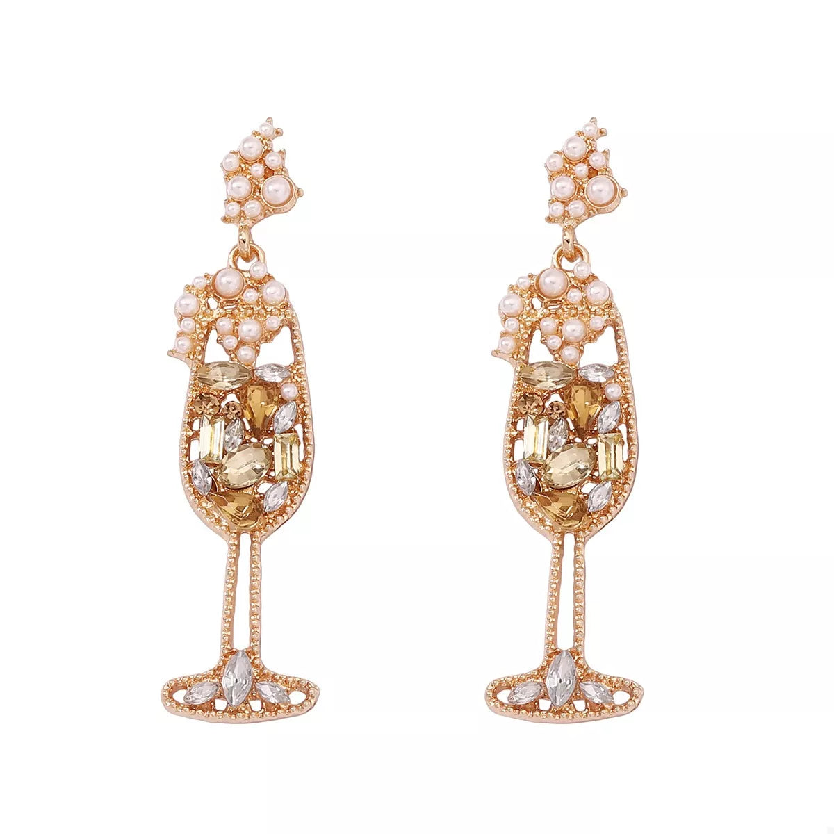 Champagne Glass Rhinestone Dangle Earrings